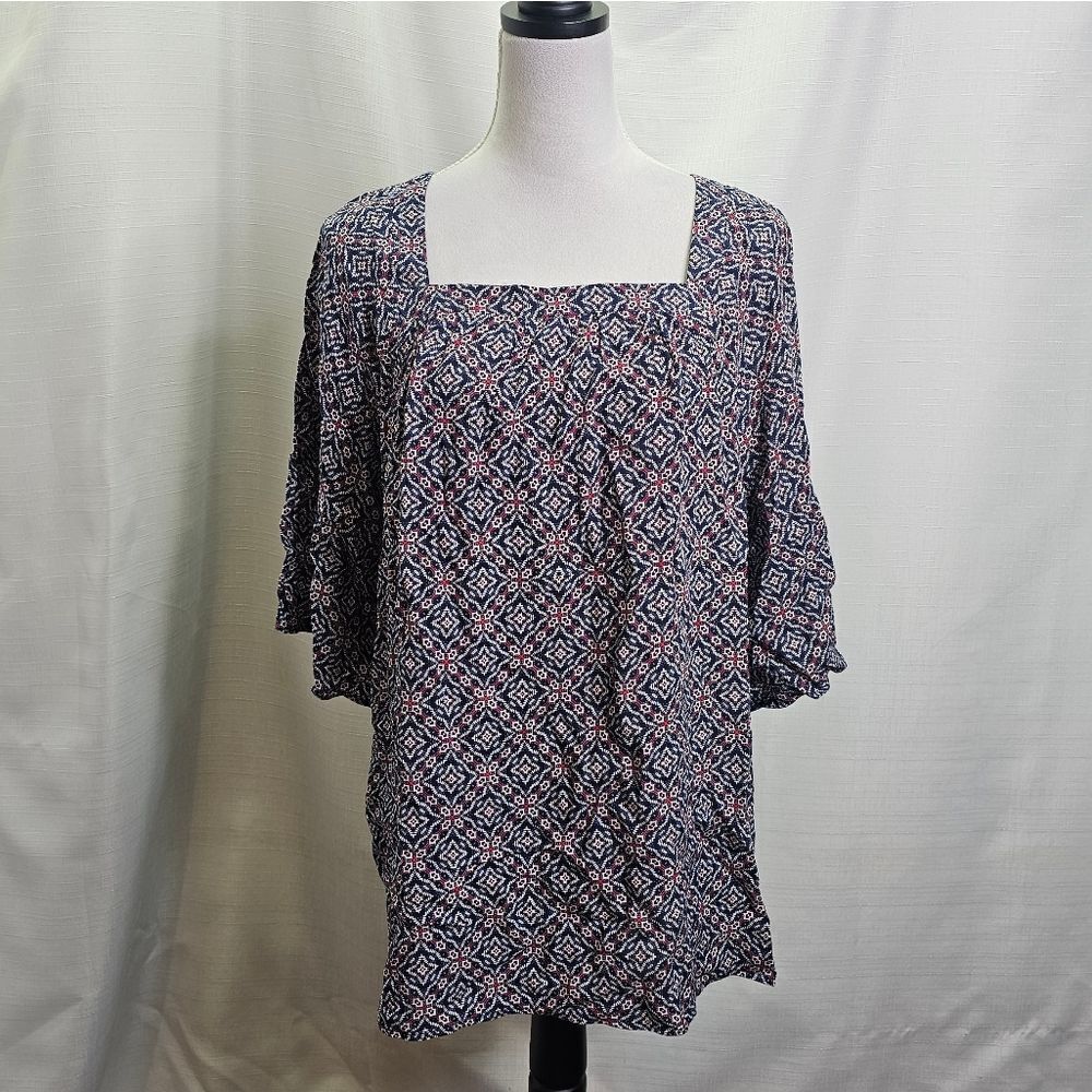 Dana Buchman Blue and Red Geometric Square Neck Blouse Size XL